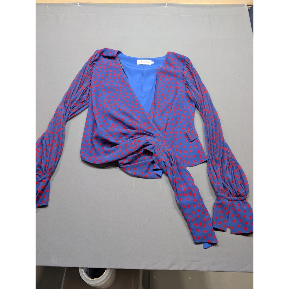 Self-Portrait Blue Red Spot Print Wrap Blouse Top UK12 US8 Long Sleeve